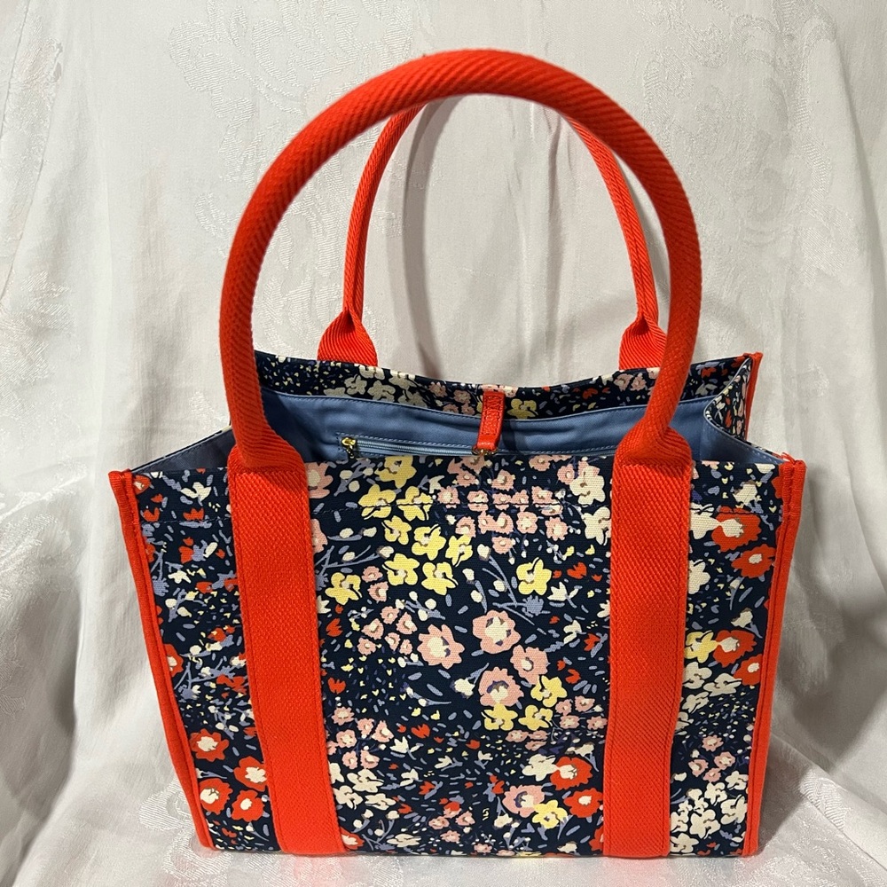 Talbots floral print canvas tote with light blue lining, one interior zip pocket